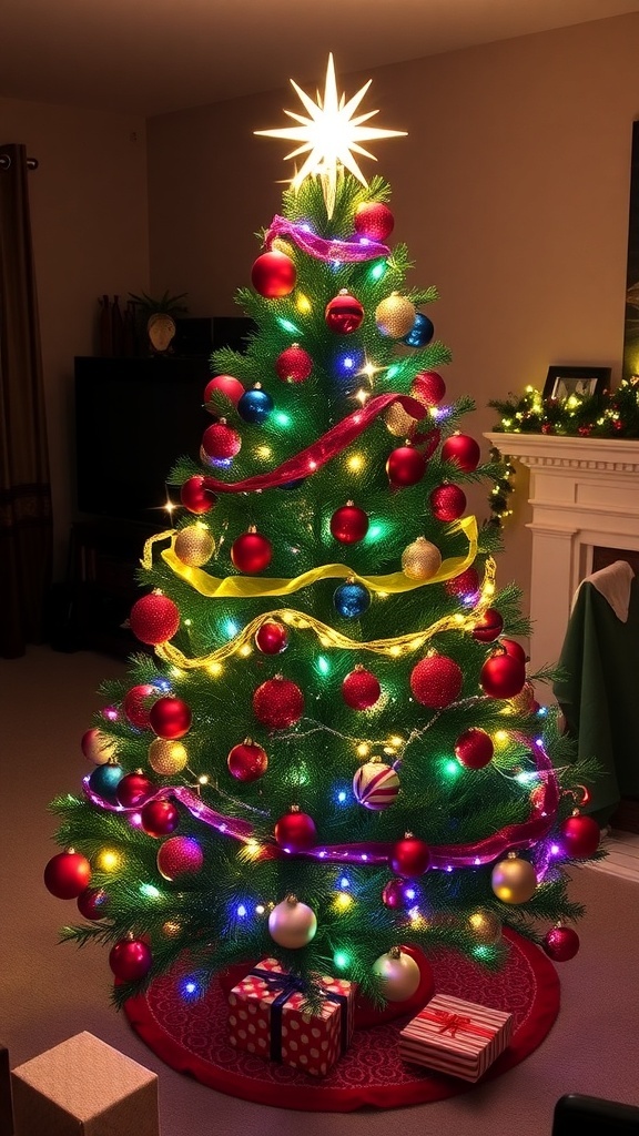 A small, decorated Christmas tree with ornaments and lights in a cozy living room.